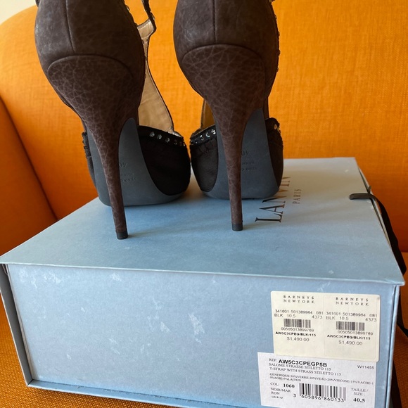 LANVIN blk & brn satin & leather with rhinestones HEELS with a buckle shoes ๐HP - Picture 5 of 13